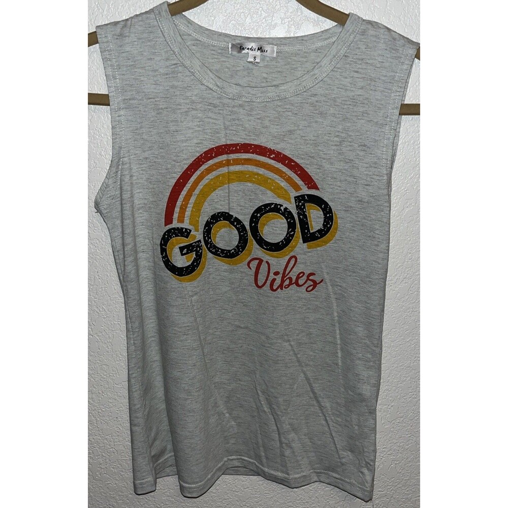 Graphic Print Sleeveless T Shirt “GOOD VIBES” Women Sz Med. Gray